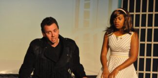 Alan Dangle (Ryan Harrison Lee) and Pauline Clench (Gabrielle Grant) in 'One Man, Two Guvnors' by Vienna Theatre Company. Photo by Matthew Randall.