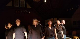 Allison Turkel, Ricardo Padilla, Kimberly Kemp, Nailah Hunter, Angie Mirae, and Matt Thomas in 'The Laramie Project: Ten Years Later' by Dark Horse Theatre Company. Photo by Dark Horse Theatre Company.