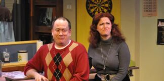 Adam Downs as Jimmy Zoole and Lori Brooks as Kate Hough in Dominion Stage's production of 'P.S. Your Cat is Dead!' Photo by Matthew Randall.